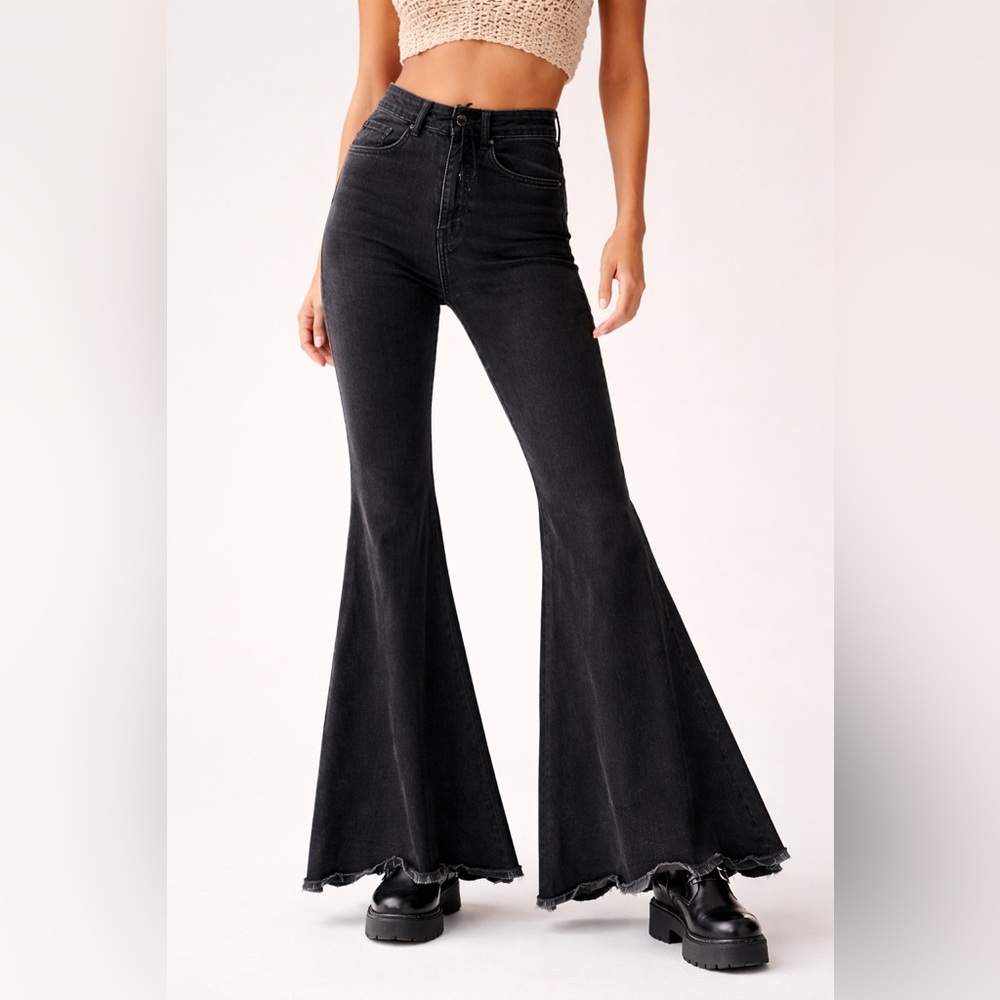 Free People Black Bell Bottom Jeans Lace-Up Back High Rise Raw Hem Y2K Festival
